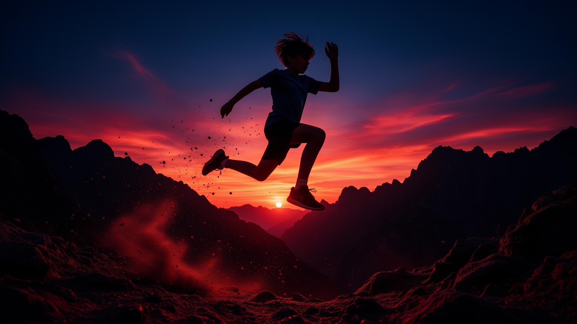 Child leaping at sunset